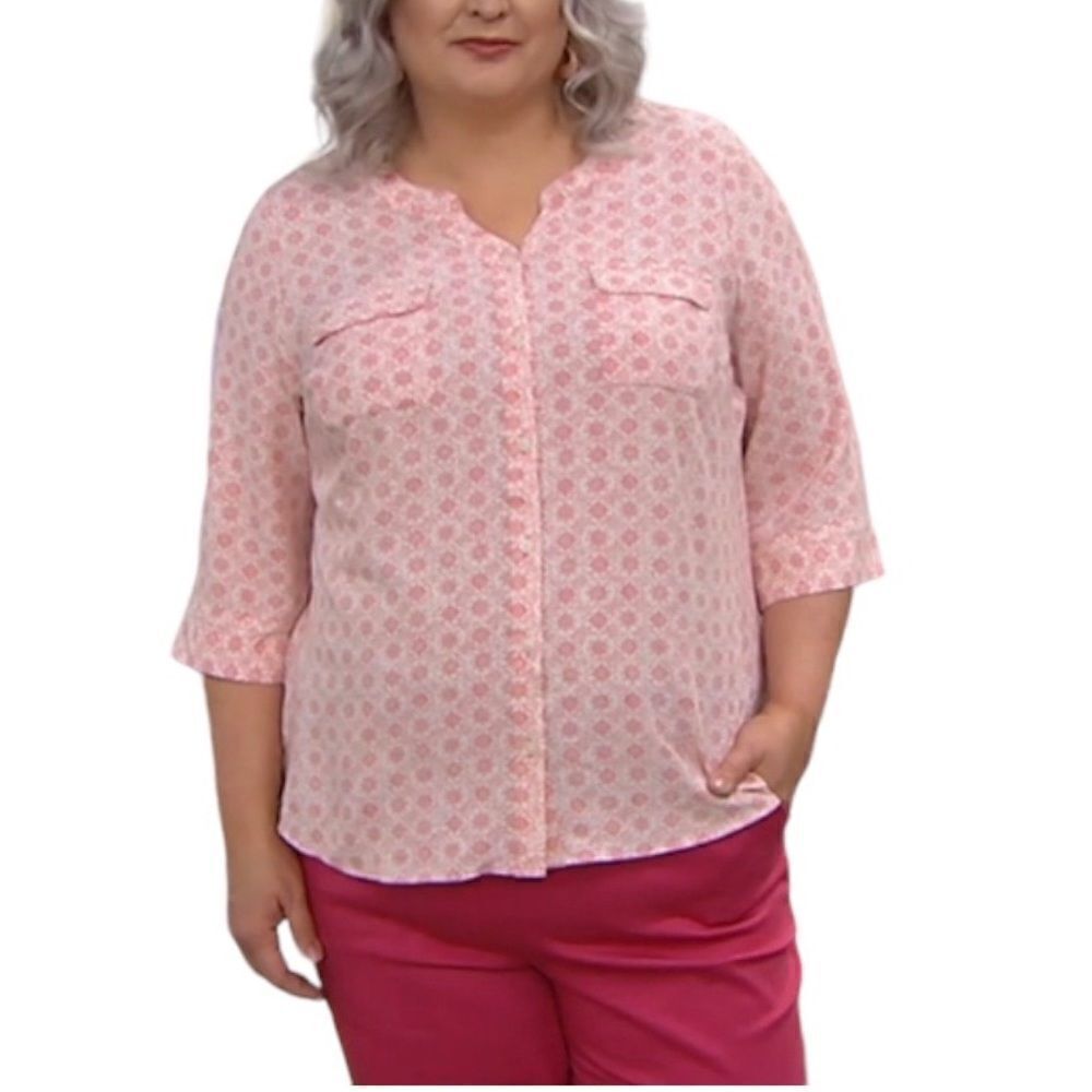 Denim & Co. Printed Y-Neck 3/4-Sleeve Blouse